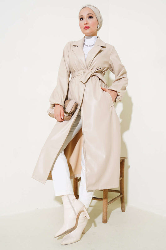 Beige Leather Trench Coat with Shawl Collar and Belt