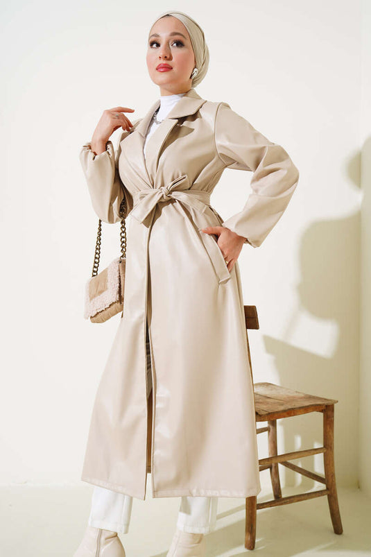 Beige Leather Trench Coat with Shawl Collar and Belt