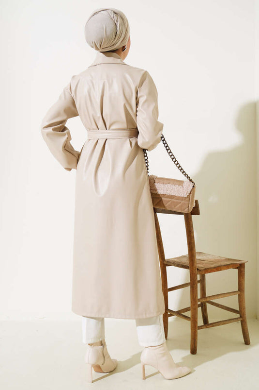 Beige Leather Trench Coat with Shawl Collar and Belt