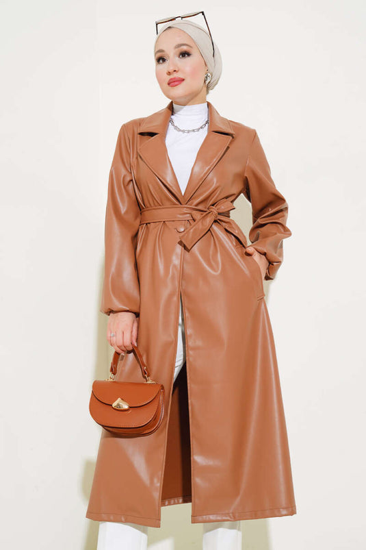 Crossover Collar Belted Leather Trench Coat Tan