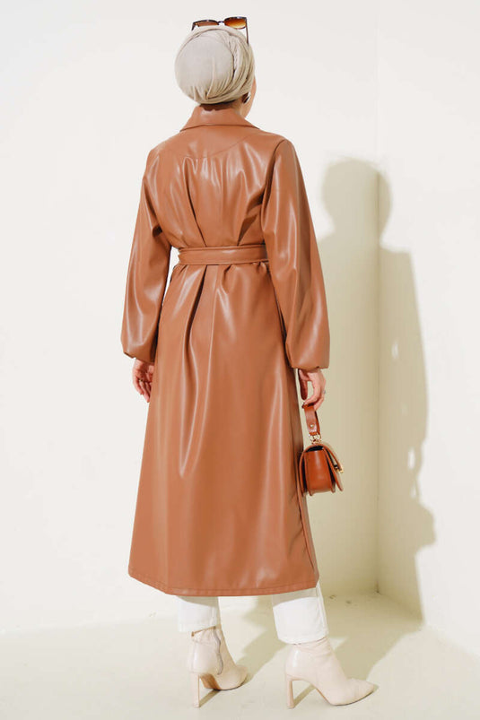 Crossover Collar Belted Leather Trench Coat Tan