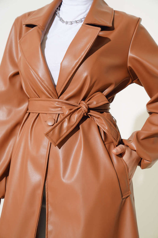 Crossover Collar Belted Leather Trench Coat Tan