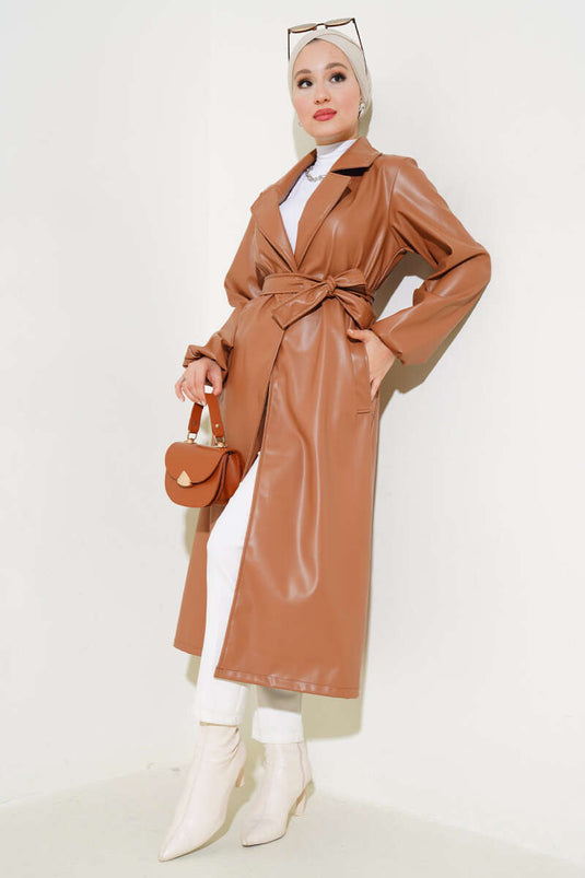 Crossover Collar Belted Leather Trench Coat Tan