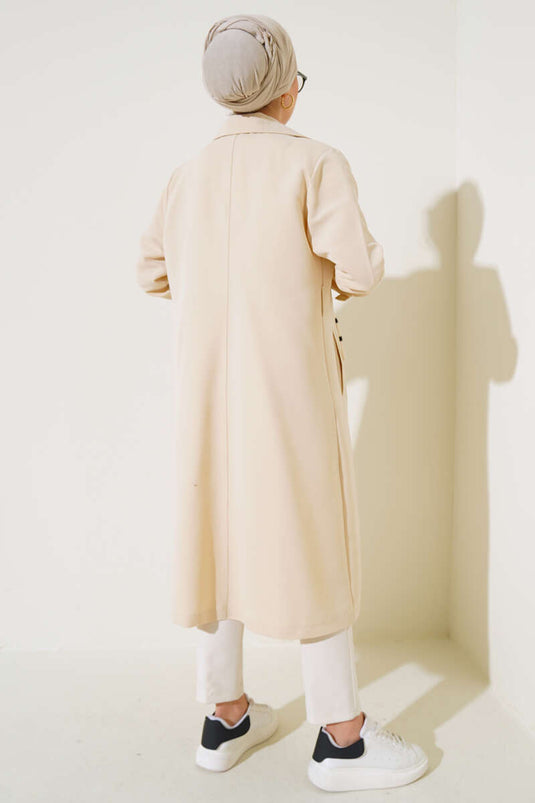 Beige Double-Breasted Trench Coat with Belt and Shawl Collar