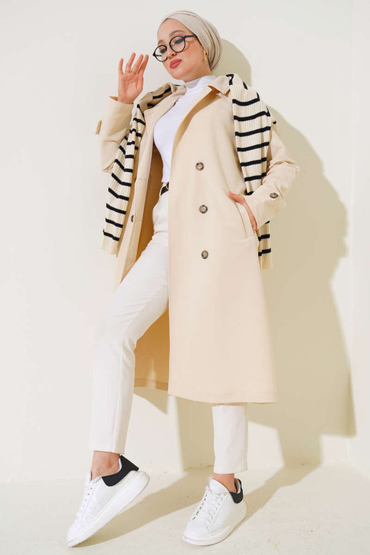 Beige Double-Breasted Trench Coat with Belt and Shawl Collar