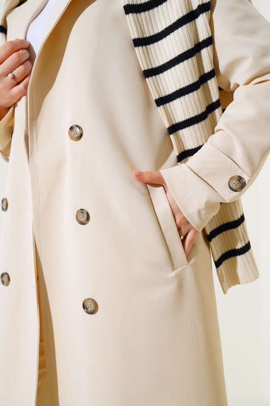 Beige Double-Breasted Trench Coat with Belt and Shawl Collar