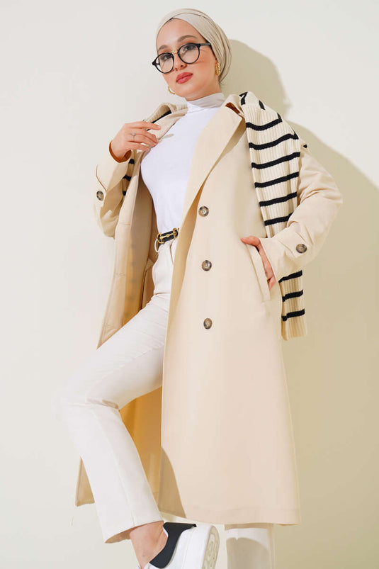 Trench-Coat Boutonné Ceinturé Col Double Boutonnage Beige