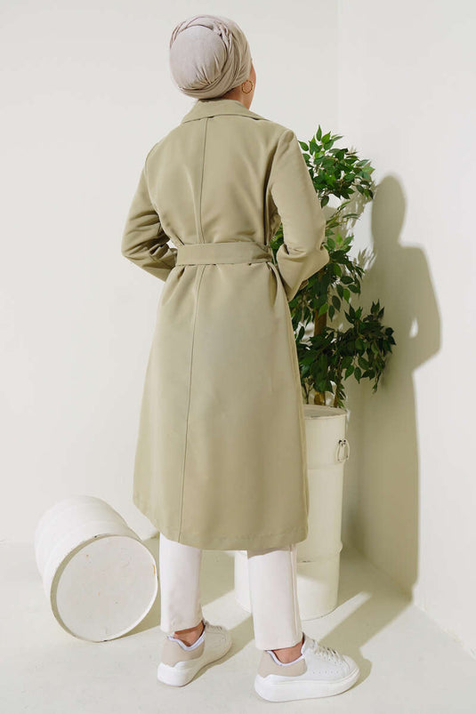 Double-Breasted Belted Trench Coat with Shawl Collar in Sage Green