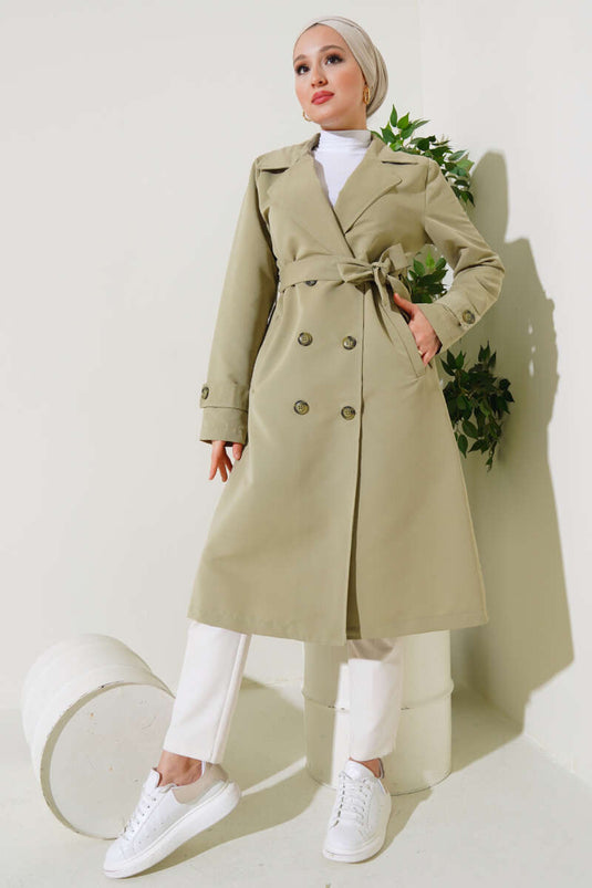 Double-Breasted Belted Trench Coat with Shawl Collar in Sage Green