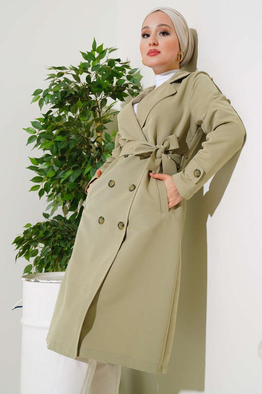 Double-Breasted Belted Trench Coat with Shawl Collar in Sage Green