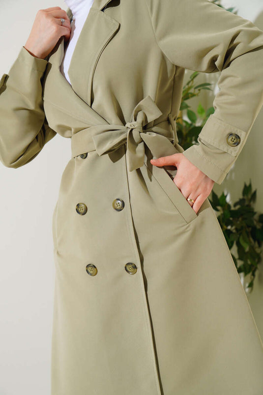 Double-Breasted Belted Trench Coat with Shawl Collar in Sage Green