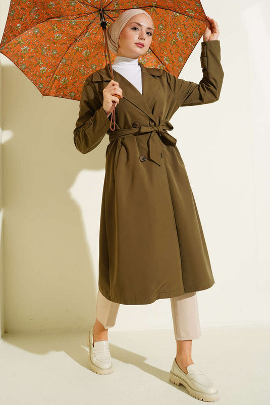 Trench-coat croisé à col ceinturé avec boutons kaki