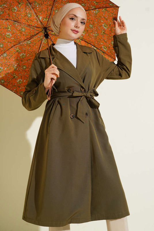 Cross-Over Collar Belted Buttoned Trench Coat Khaki