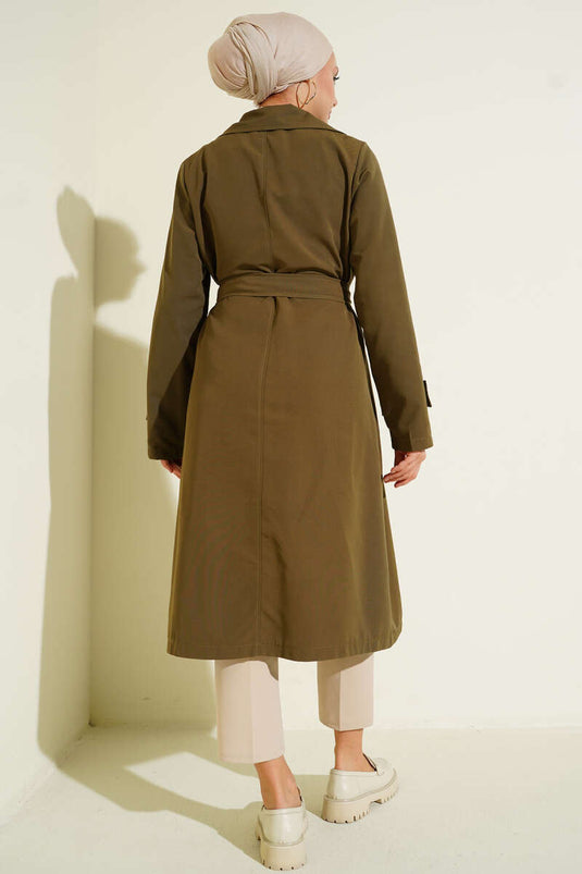 Cross-Over Collar Belted Buttoned Trench Coat Khaki