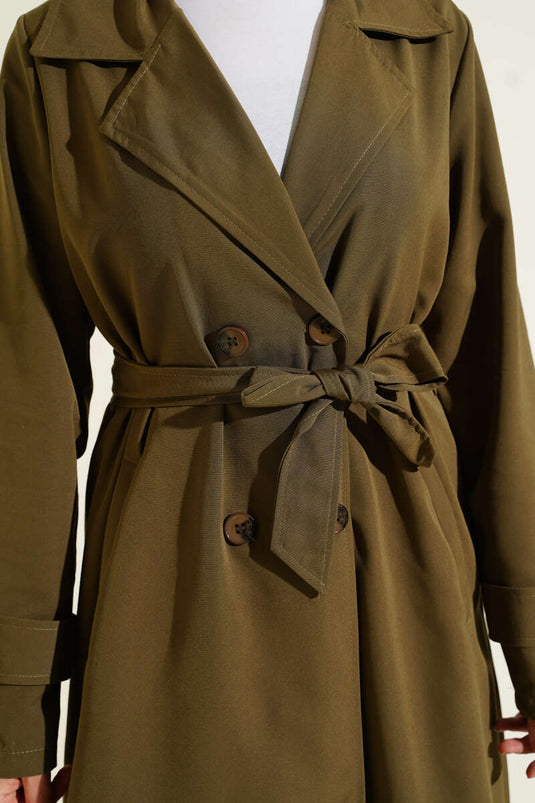 Trench-coat croisé à col ceinturé avec boutons kaki