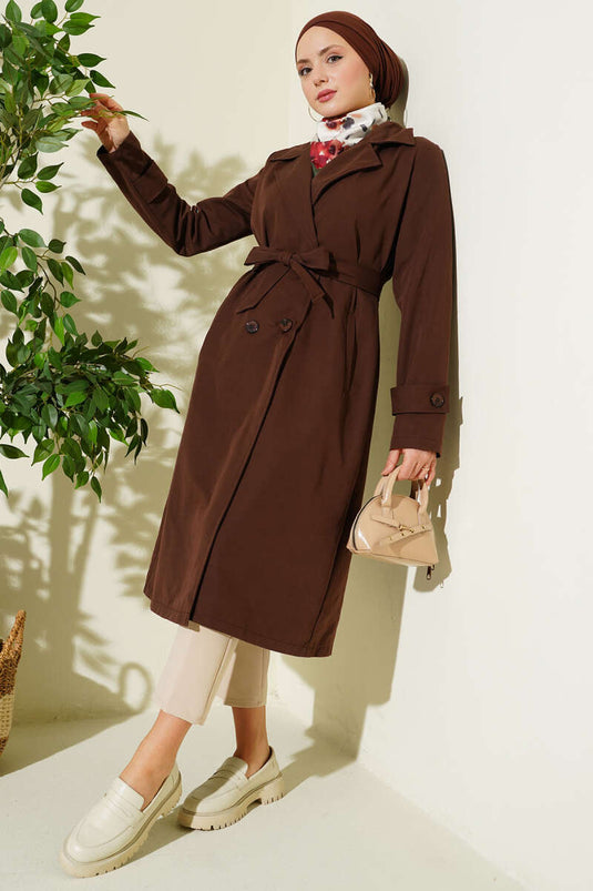 Trench-coat croisé à col avec ceinture et boutons, couleur café
