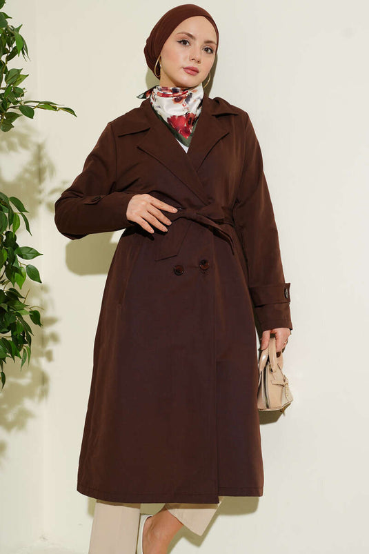 Wrap Collar Belted Buttoned Trench Coat Brown