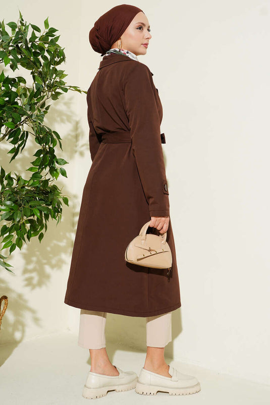 Wrap Collar Belted Buttoned Trench Coat Brown
