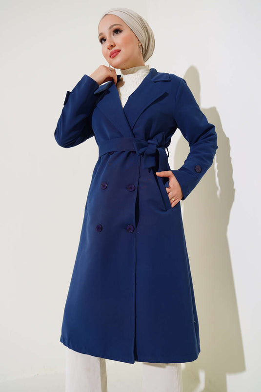 Navy Blue Double-Breasted Trench Coat with Belt and Shawl Collar