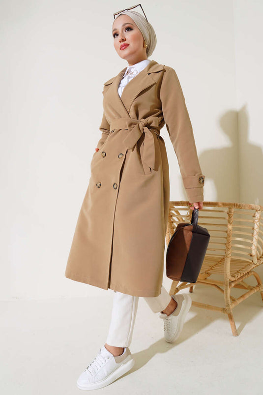 Buttoned Trench Coat with Belt and Shawl Collar Latte