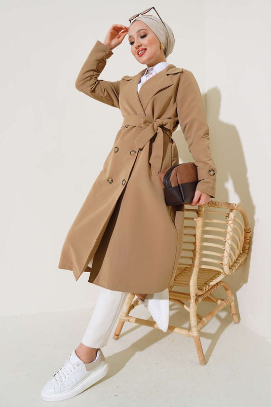 Buttoned Trench Coat with Belt and Shawl Collar Latte