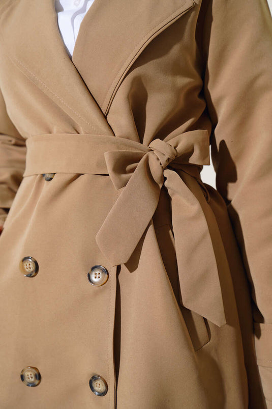 Buttoned Trench Coat with Belt and Shawl Collar Latte