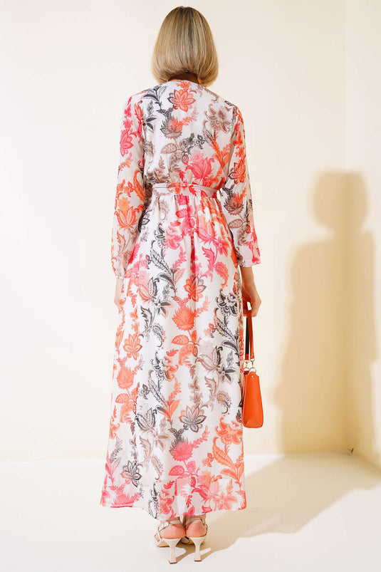 Orange Dress with Shawl Collar and Belt