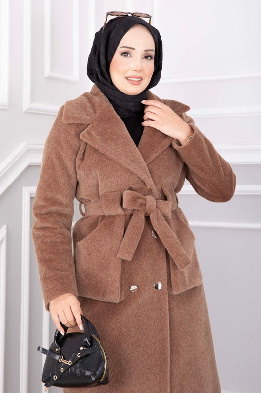 Kruvaze Yaka Kuşaklı Fox Kaban Taba