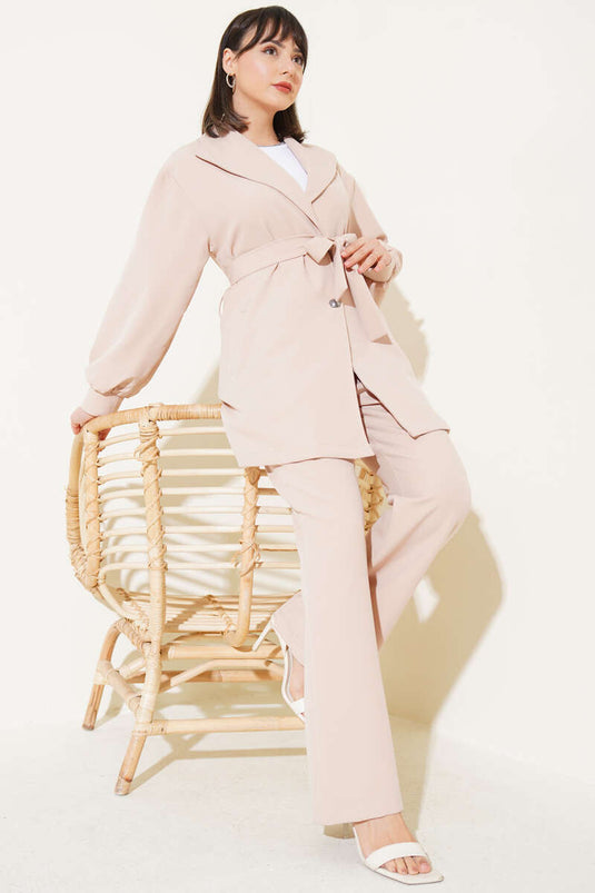 Kruvaze Yaka Kuşaklı İkili Takım Bej