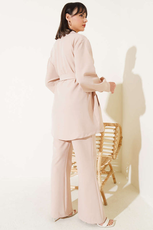 Kruvaze Yaka Kuşaklı İkili Takım Bej