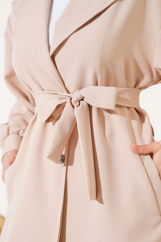 Kruvaze Yaka Kuşaklı İkili Takım Bej