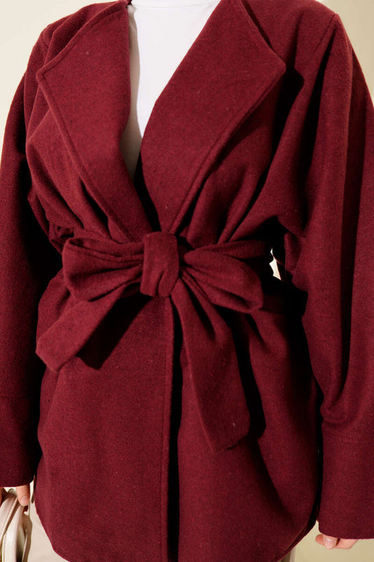 Veste croisée en cachemire ceinturée, bordeaux.