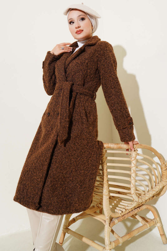 Double Breasted Belted Cashmere Coat in Tan