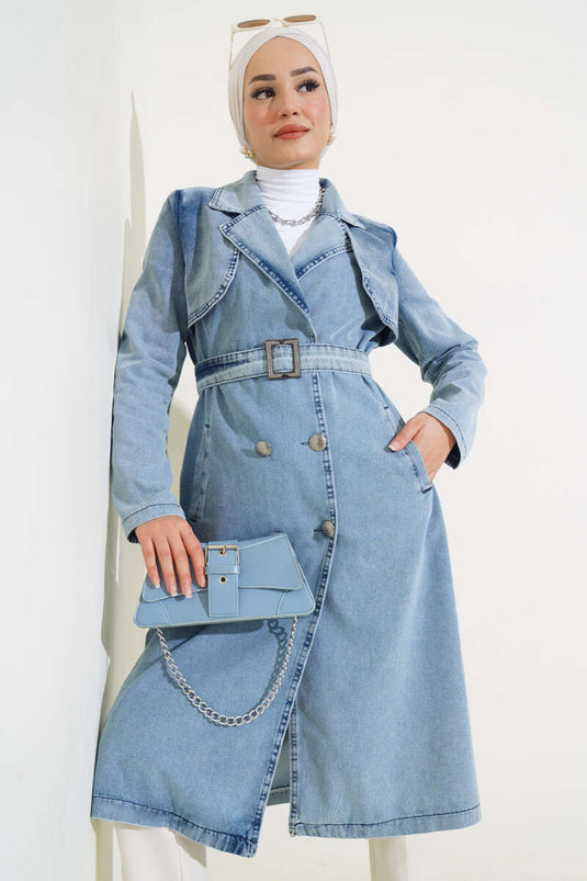 معطف ترنش جينز مزدوج الصدر مزود بحزام باللون الأزرق الجليدي