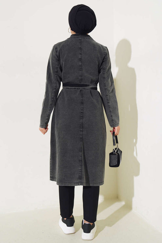 Trench-coat en denim croisé ceinturé couleur fumée