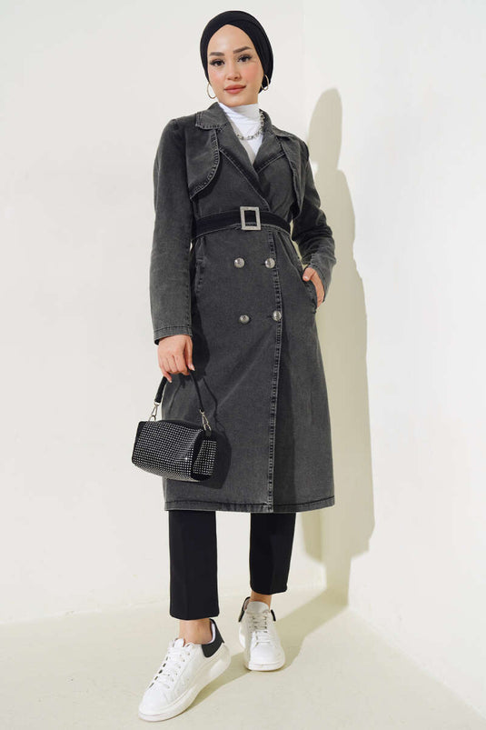 Trench-coat en denim croisé ceinturé couleur fumée