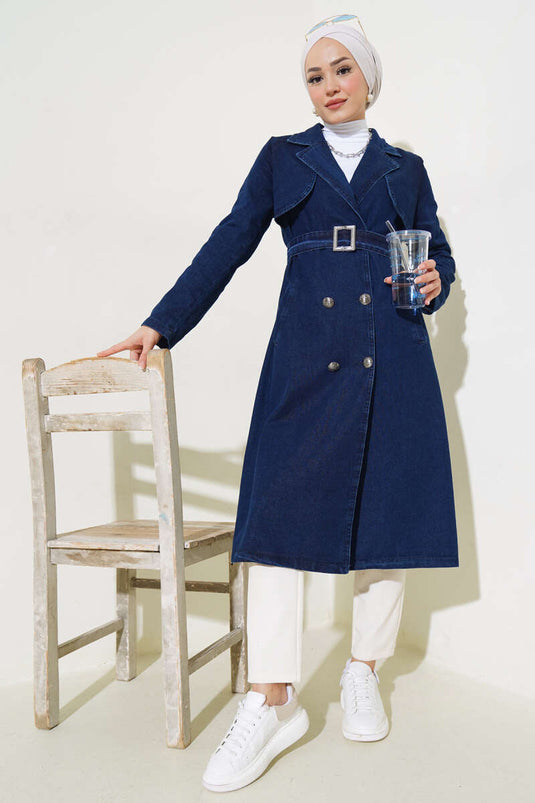 Denim trenchcoat met dubbele rij knopen en riem