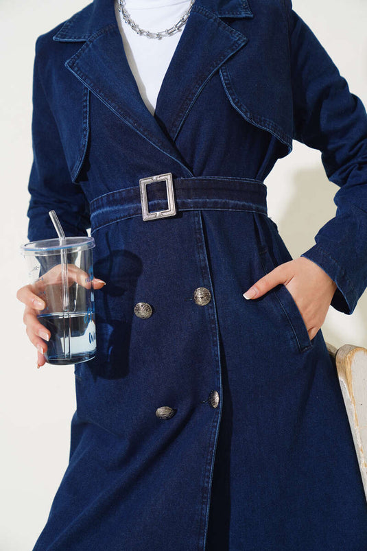 Denim trenchcoat met dubbele rij knopen en riem