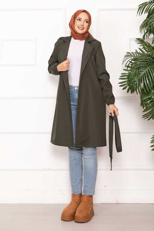 Trench-coat décontracté à double boutonnage et ceinture kaki