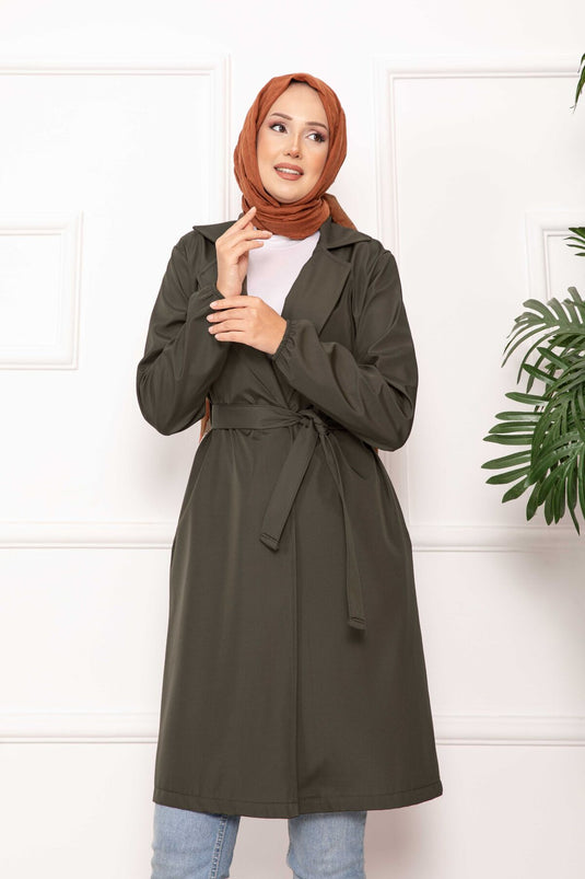 Trench-coat décontracté à double boutonnage et ceinture kaki