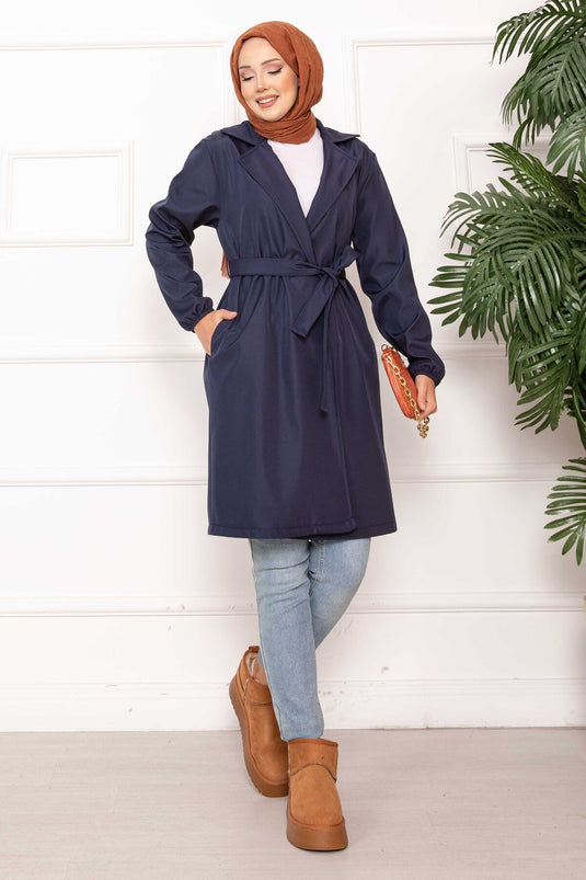 Trench-coat décontracté à double boutonnage et ceinture bleu marine