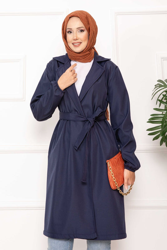 Trench-coat décontracté à double boutonnage et ceinture bleu marine