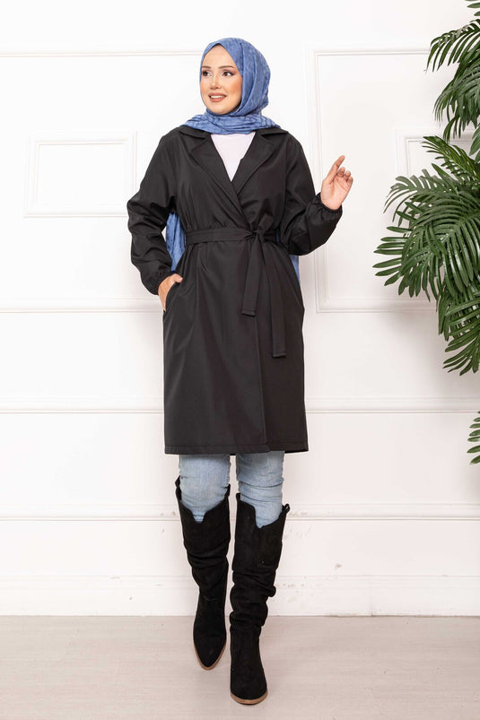 معطف ترنش مريح مزدوج الصدر مزود بحزام باللون الأسود