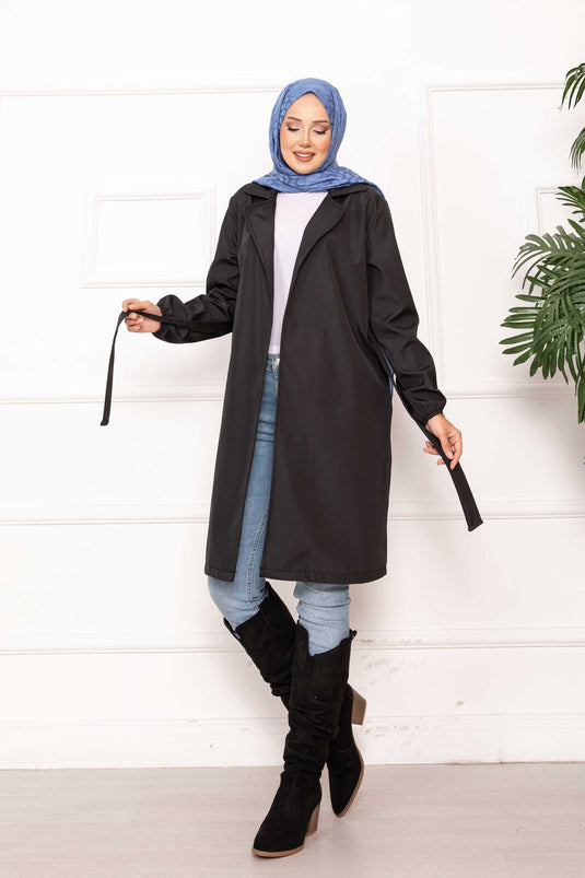 معطف ترنش مريح مزدوج الصدر مزود بحزام باللون الأسود