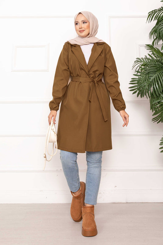 Kruvaze Yaka Kuşaklı Relax Trençkot Taba