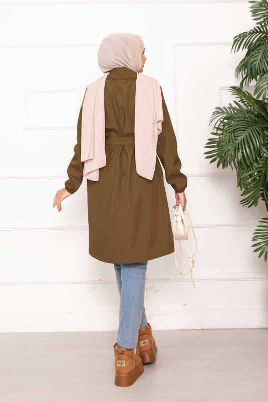 Kruvaze Yaka Kuşaklı Relax Trençkot Taba