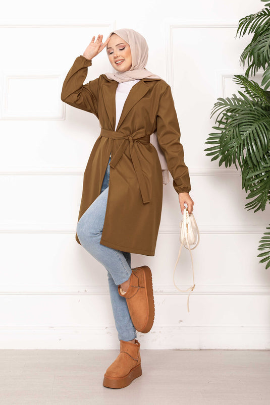 Kruvaze Yaka Kuşaklı Relax Trençkot Taba