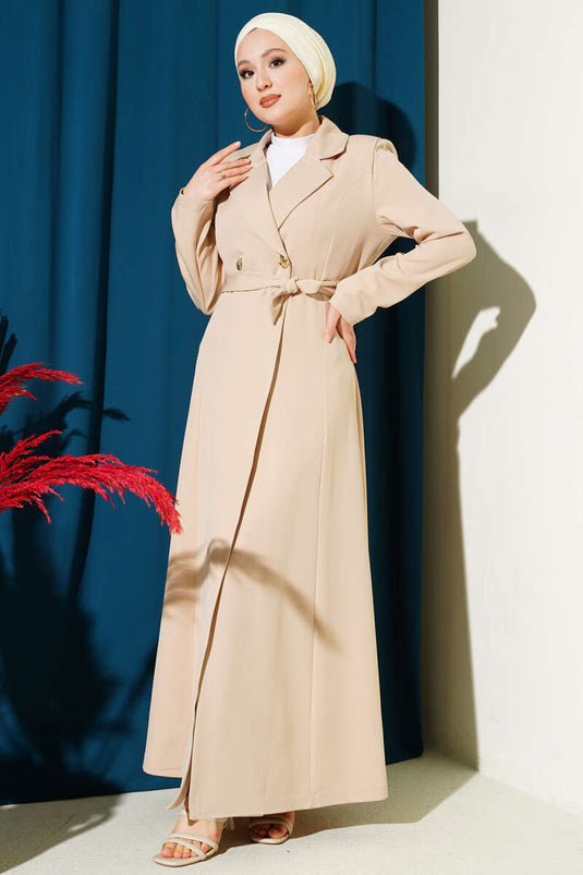 Cross-Over Collar Long Belted Coat Beige