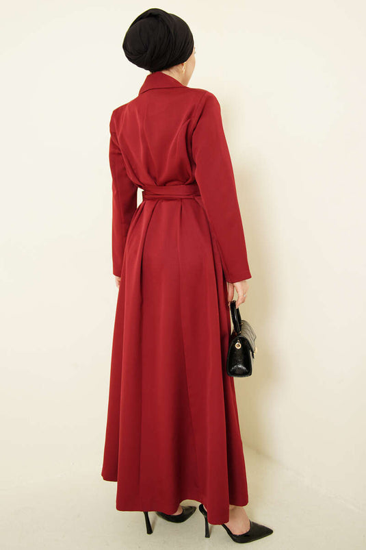 Kruvaze Yaka Kuşaklı Uzun Kap Bordo