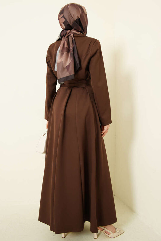 Kruvaze Yaka Kuşaklı Uzun Kap Kahve